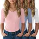 LessonZoo 3 Pack Girls T Shirts Tween Summer V Neck Cute Fitted Tops Fashion Trendy Basic Tees for Kids(Light Pink, Light Blue, White,7-8 Years)