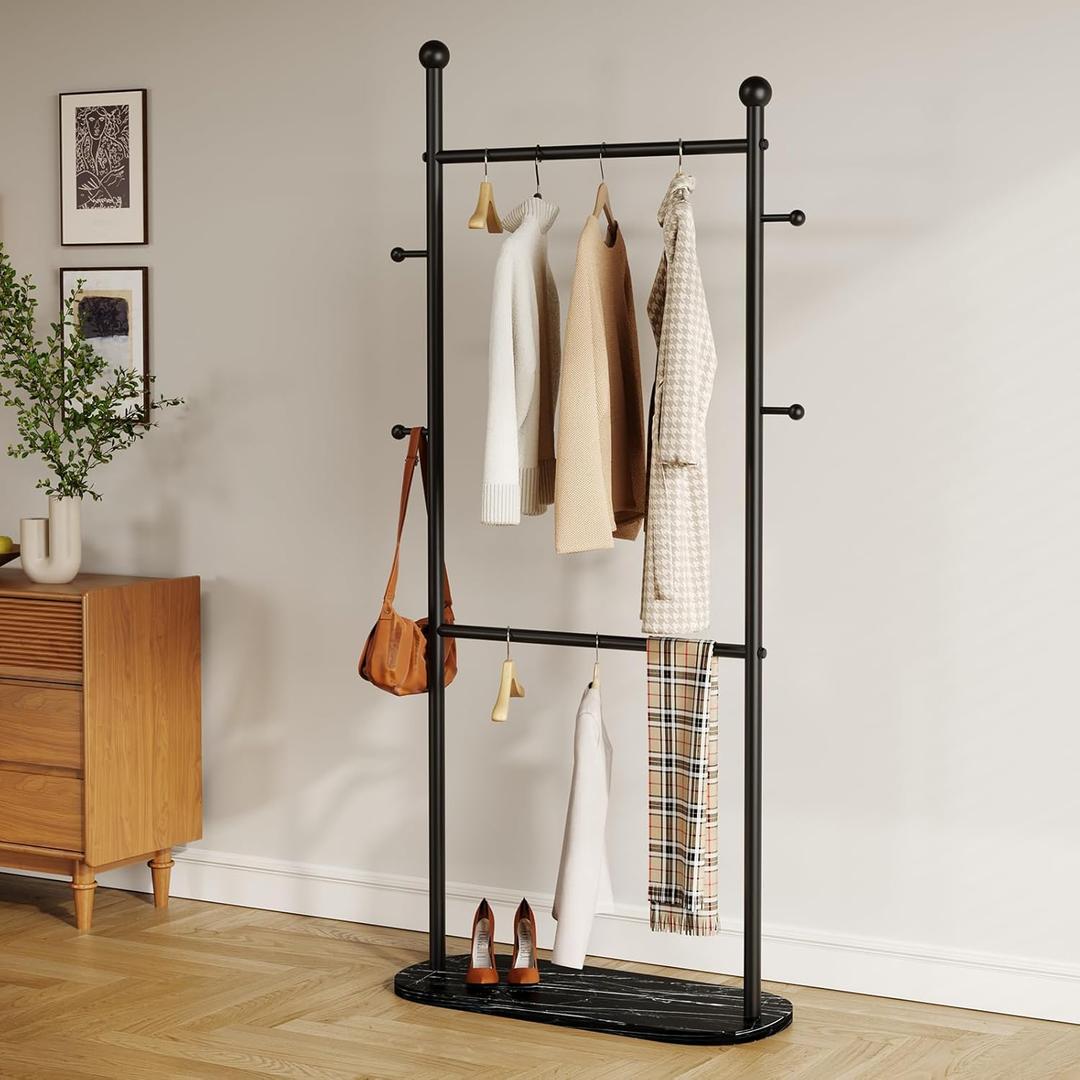Gold Clothing Rack Marble Base,Double Rod Clothes Rack for Hanging Clothes, Heavy Duty Garment Rack for Home Retail Boutique (black)