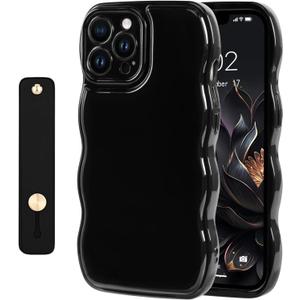 NITITOP Compatible with iPhone 15 Pro Max Case Cute Simple Wave Design Stylish Wavy Curly Frame with Wrist Adjustable Hand Strap Kickstand Grip Holder Soft Silicone Protective Cover - Black