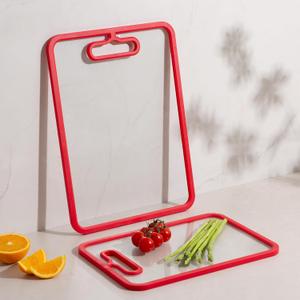 2Pcs Red Glass Cutting Board for Kitchen, Tempered Glass Chopping Board with Non-Slip Edges, Dishwasher Safe Clear Cutting Board Set, Heat & Shatter Resistant, 15"11" & 13"9"