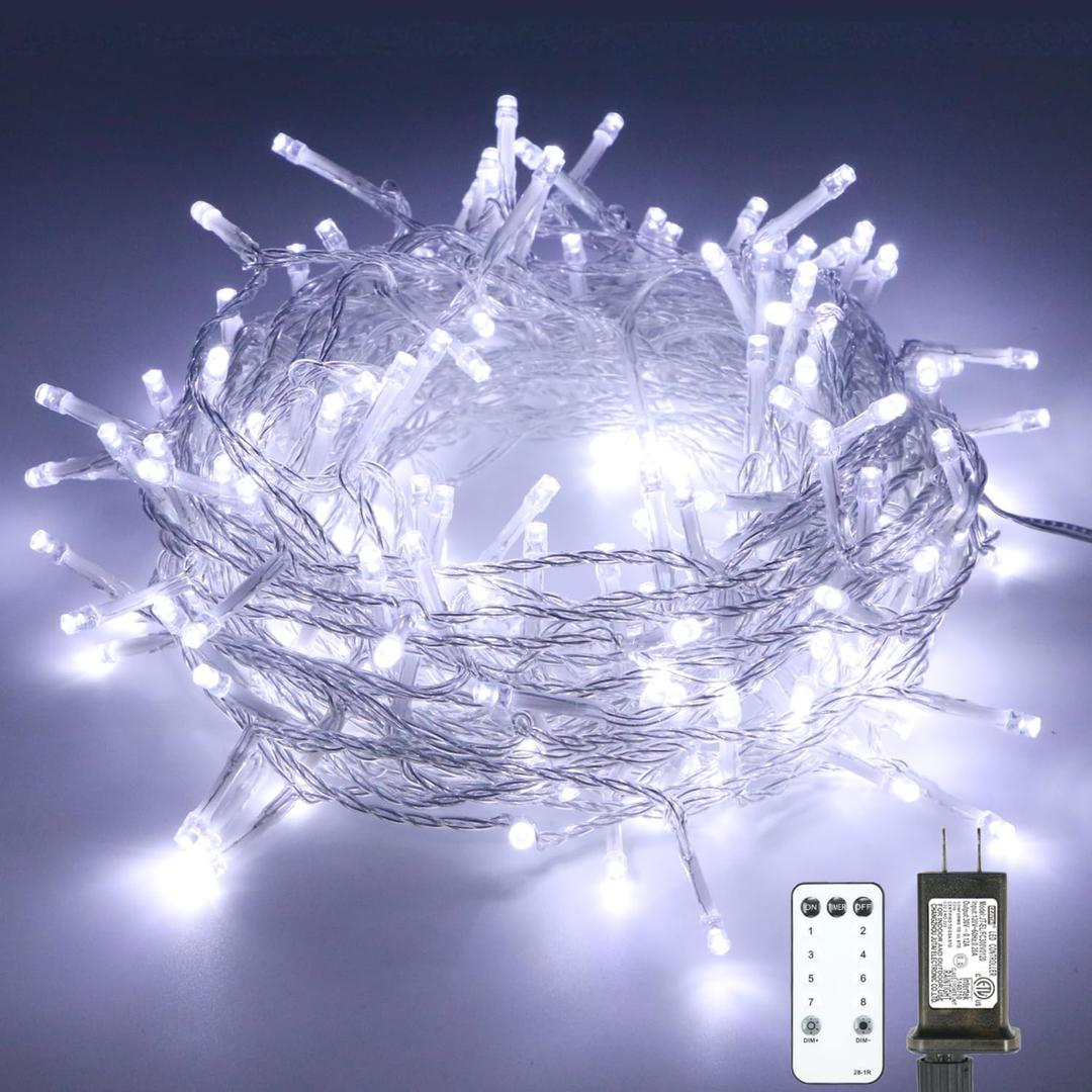 66FT White Christmas Lights, 8 Modes with Remote, 200 LED String Lights for Indoor, Outdoor, Christmas Tree