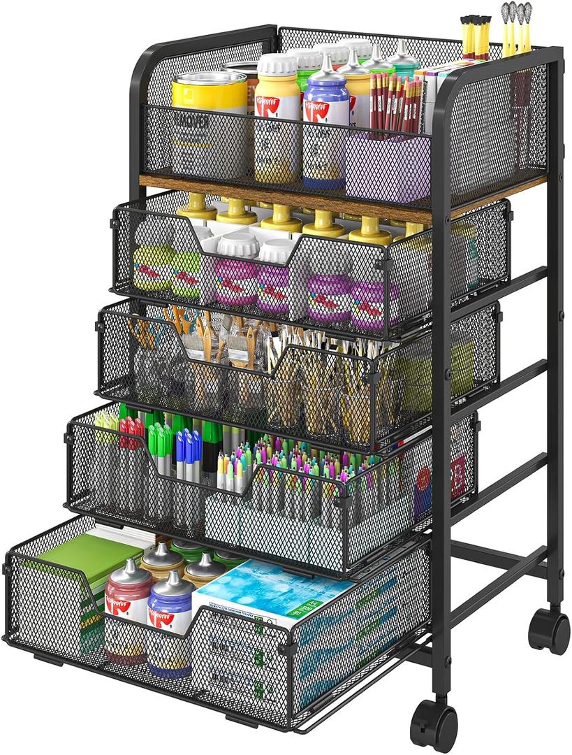 5-Tier Craft Organizer Cart with Wheels-Storage Cart with Drawers, Lockable Wheels Rolling Utility Cart, Makeup Cart with DIY Divider, Office Supply Organizer Storage for Studio, Office, Bedroom, Black