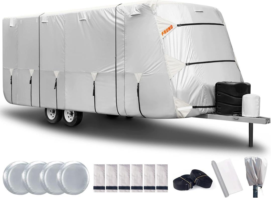FRUNO Oxford Fabric Travel Trailer Cover RV Cover 22'-24' Waterproof Rip-Resistant Anti-UV Camper Cover for Winter Snow with Jack Cover 4 Tire Covers and Gutter Covers
