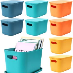 Hoolerry 8 Pieces Colorful Storage Bins with Lid, Plastic Storage Basket Organizing Container Stackable Box with Handle for Shelves Desktop Playroom Office(10.2 x 7 x 6.3 Inch,Multi-colored)