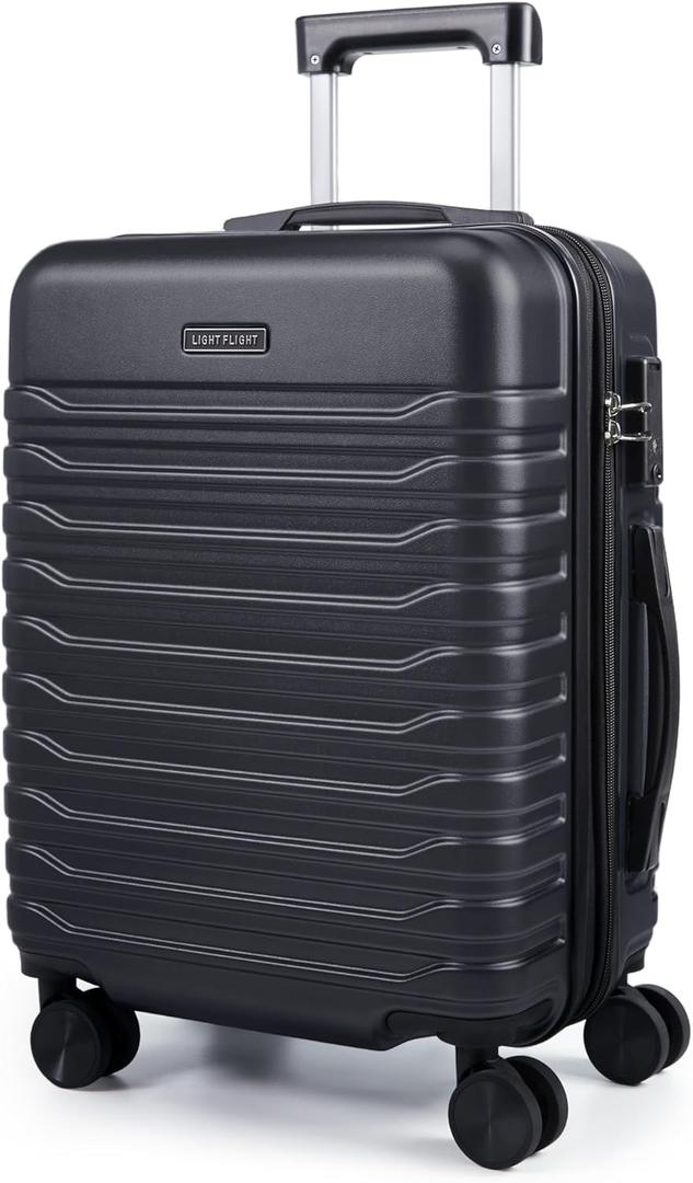 LIGHT FLIGHT Expandable Carry On Luggage 22x14x9 Airline Approved with Double Spinner Wheels, 20 Inch Lightweight Hard Shell Rolling Suitcases with TSA Lock, Black