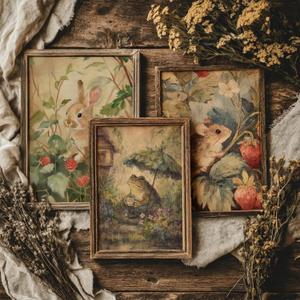 Nursery Woodland Animal Wall Art Vintage Forest Animal Canvas Wall Decor Baby Boy Room Poster Kids Wild Bunny Picture Cottagecore Prints Nursery Artwork for Girl Room Bedroom 16x24 Inch Unframed 3Pcs