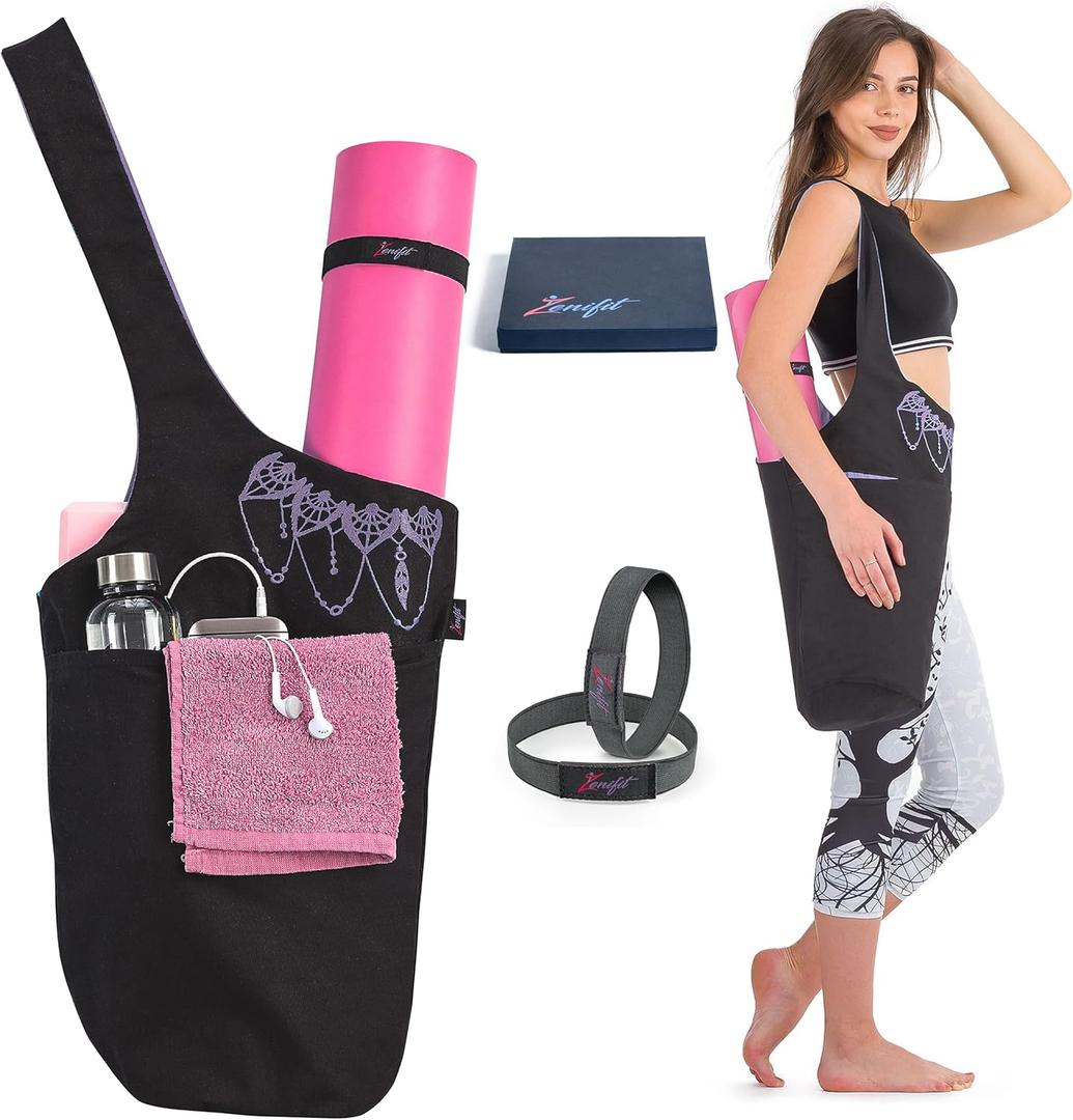 Yoga Mat Bag  Versatile Yoga Bag with Mat Straps & Storage Pockets, Holds Yoga & Pilates Mats, Lightweight & Durable (Black & Lavender Purple)