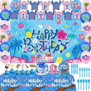 Cartoon Blue and Pink Theme Birthday Party Supplies Decorations Including Birthday Banner, Backdrop, Tablecloth, Balloons, Cake Toppers, Plates, Forks, Knives, Spoons for Birthday Party
