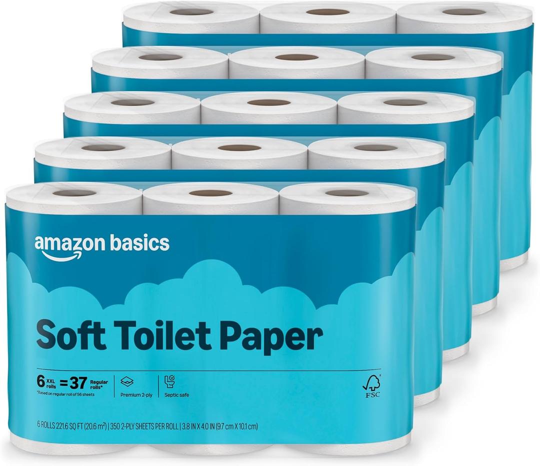 Amazon Basics 2-Ply Soft Toilet Paper, 30 Rolls (5 Packs of 6), Equivalent to 185 Regular Rolls, Packaging May Vary