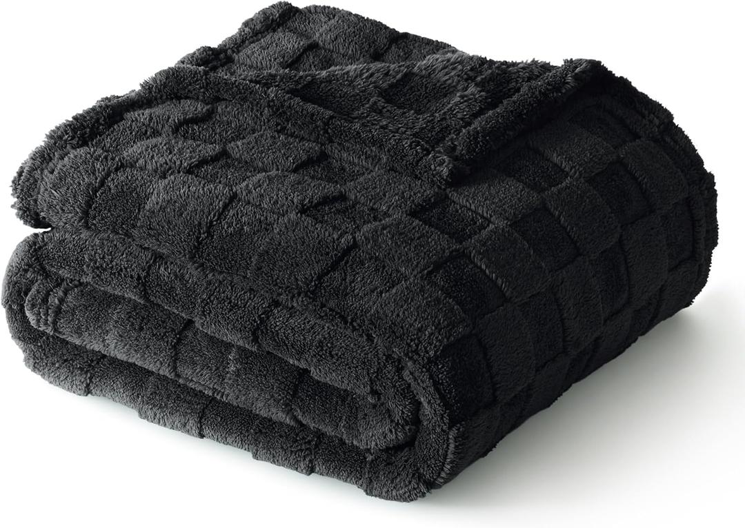 Exclusivo Mezcla Fleece Throw Blanket for Couch,Super Soft and Warm Lightweight Checkered Pattern Blankets for All Seasons, 50x60 Inches, Black