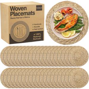 40 Pieces Round Woven Placemats 13.8 Inch Boho Rattan Placemats Farmhouse Braided Place Mats Woven Plate Chargers Rustic Wicker Table Mats for Dining Table