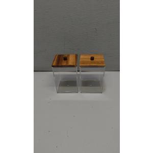 Tbestmax Bathroom Organizer Accessories Set-12  oz Qtips Holder Storage, Clear Cotton Ball/Swabs Dispenser, Plastic Square Apothecary Jars with Brown Wood Lids, PCS 2