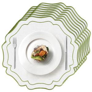 4 Sets Ribbon Twirl Cotton Linen Placemats, 15 inch Embroidery Round Cloth Table Mats with Green Scalloped Edge Washable Fabric Place Mats Flower Shape for Wedding Baby Shower Party Table Decor