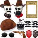 20 Pcs Halloween Western Photo Booth Props Kit Wanted Poster West Cowboy Party Decoration Western Wanted Theme Photo Booth Frame Cowboy Scarf Beard Glasses Hat Set for Halloween West Rustic Party