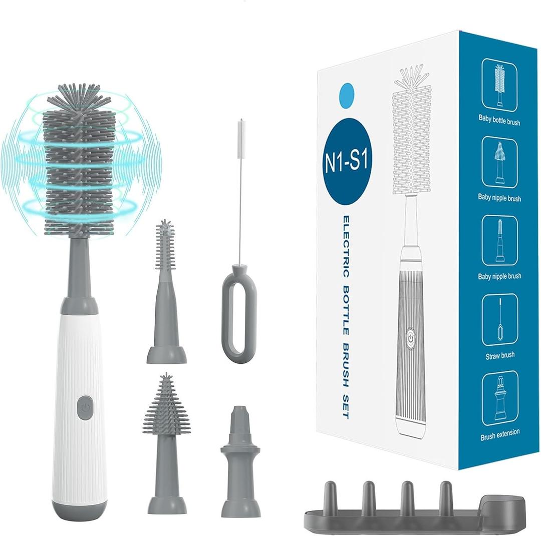 Electric Baby Bottle Brush Cleaner with Extended Handle & Drying Holder, Baby Bottle Brush Set with Silicone Bottle/Nipple/Crevice/Brush,Straw Cleaner,Lifesaver Automatic Bottle Cleaner,Gray