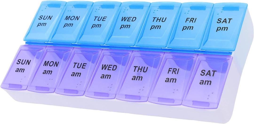 7 Day Weekly AM PM Pill Organizer, ShysTech Large Pill Case Pill Box for Pills Vitamin Supplements Medication (Purple/Blue) (1 Count (Pack of 1))