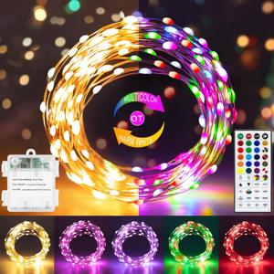echosari Fairy Lights Battery Operated, 33Ft 100 LED 150 Scene Modes Silver Wire Twinkle Lights with Remote Timer for Bedroom Trees Garden Decor (RGB + 2700K Warm White)