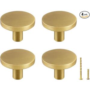 Yiking 4 Pack Solid Brass Door Handles, Round Matte Gold Kitchen Cabinet Knobs 100% Solid Brass1.1-inch(28mm) Diameter for Dresser Drawer Pulls Desk Cupboard Brushed Gold Cabinet Knobs
