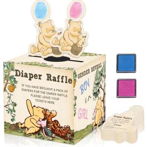 2 x Winnie Baby Shower Decorations, Pooh Diaper Raffle Box, Baby Gender Reveal Decorations, He Or She Gender Reveal with 50pcs Winnie Cards 2 Ink Pads