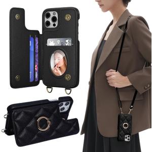 Crossbody Wallet with Cosmetic Mirror Case for iPhone 16 Pro, UP Leather Case with Card Slots Invisible Stand, Women Detachable Lanyard 6.3-Inch Phone Case Balck Black