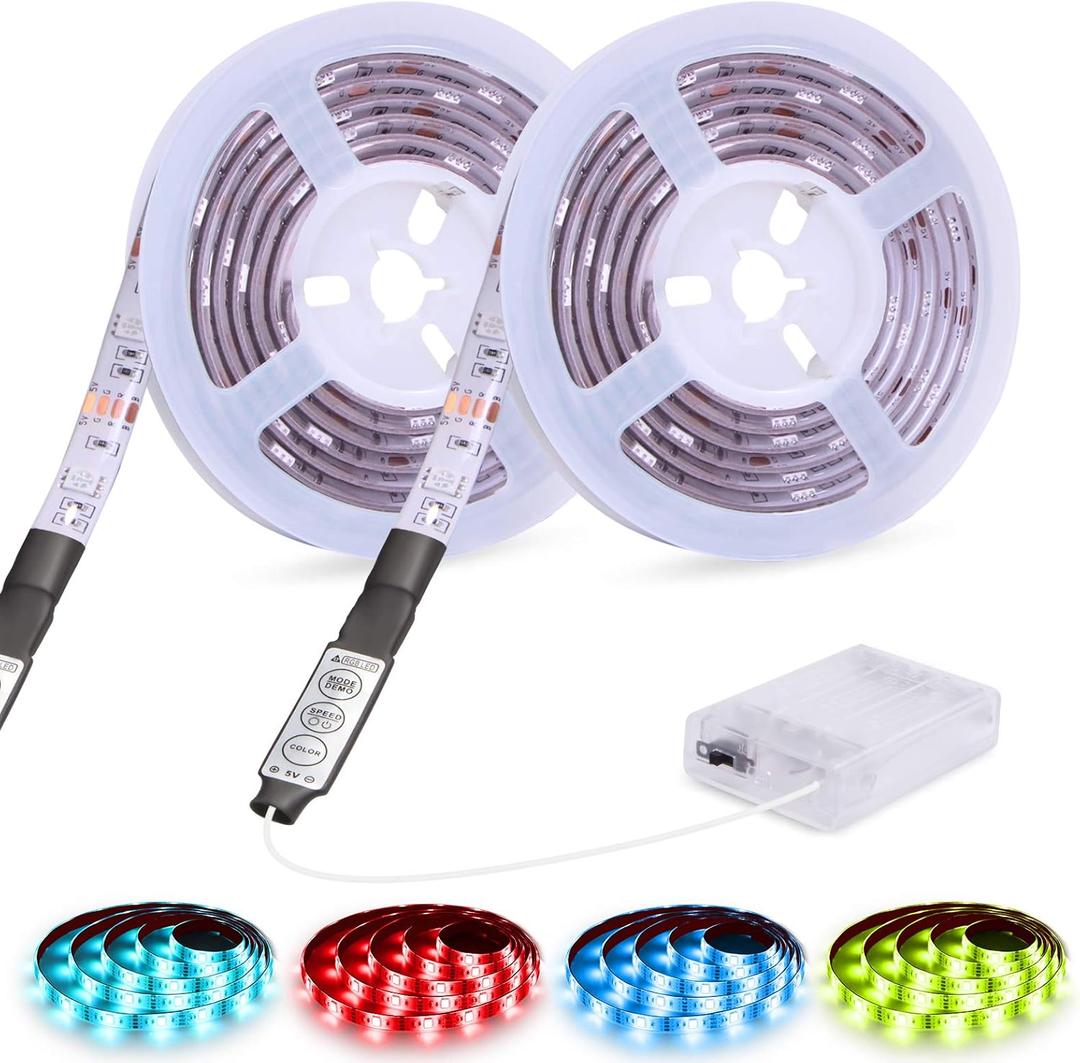 RGB Led Lights Strip Battery Operated 3 Keys Controller Battery Led Lights Strip Waterproof Color Changing Led Lights TV DIY LED Tape Lights 6.56ft Pack of 2