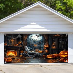16X7ft Halloween Ghost Garage Door Background Full Moon Scary Night Castle Bat Crow Pumpkins Party Spooky Scary Cemetery Child Kids Halloween Party Decorations Garage Door Banner (Black)