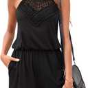 Miladusa Womens Rompers Casual Summer Rompers Short Halter Jumpsuits Solid Color Elastic Waist Outfits with Pockets (XX-Large, Black)