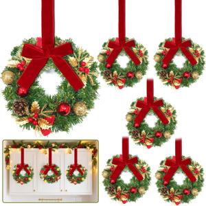 6 Pcs Small Christmas Wreath, 10 Inch Mini Christmas Kitchen Cabinet Wreaths with Gold Red Balls Holly Pine Tips Pinecone Berried Red Bow Mini Wreaths for Windows Wall Stair Chair Farmhouse Home Decor