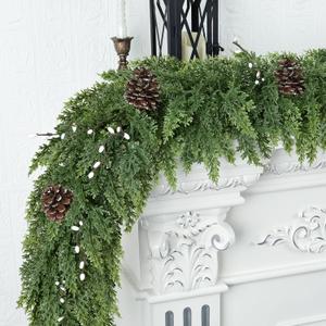 Realistic Christmas Garland for Mantle 6FT Real Touch Thick/Lush Artificial Cedar Garlands with Pine Cones/White Berries Decorations Indoor Christmas Garland for Stairs Railing Outdoor Holiday Decor