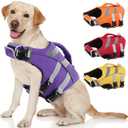 Kuoser Dog Life Jacket with Reflective Stripes, Adjustable High Visibility Doggie Water Vest Ripstop Puppy Lifesaver Pet Life Preserver for Small Medium and Large Dogs Puple XL