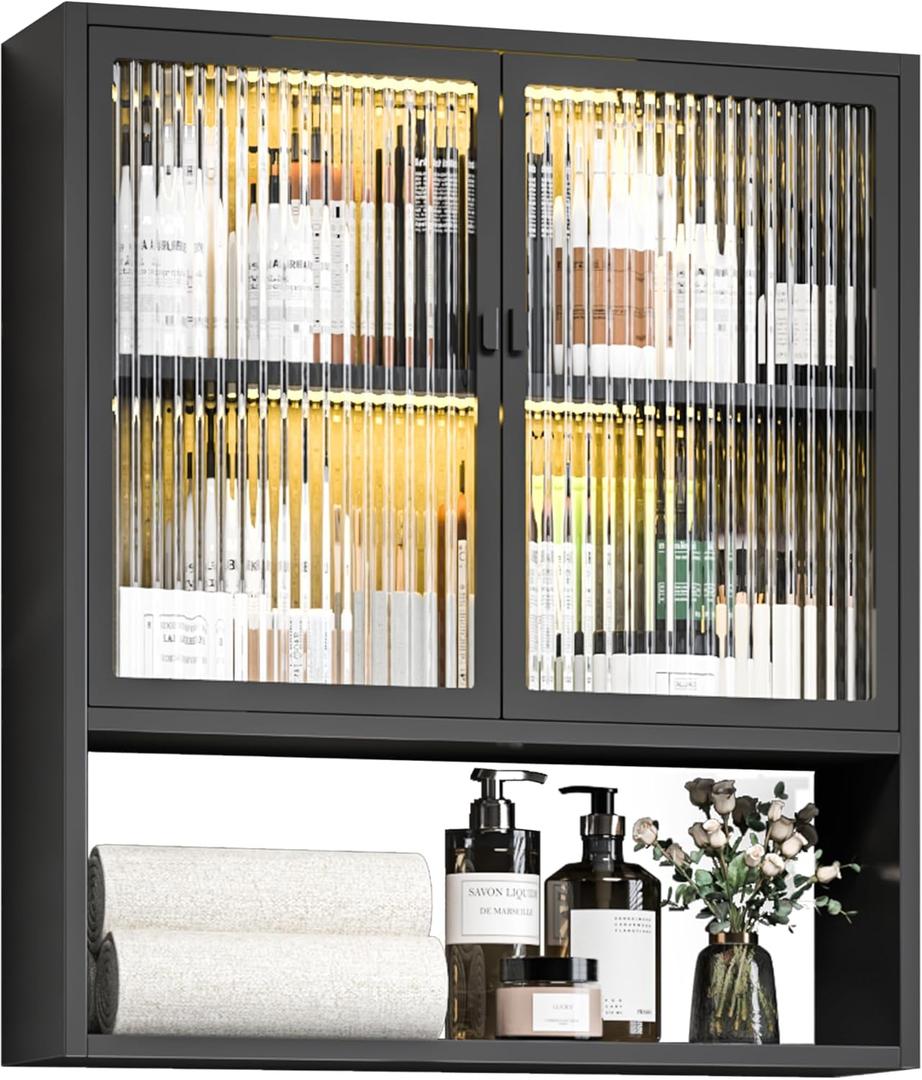 Bathroom Wall Cabinet,Metal Medicine Cabinet with Glass Doors,Wall Mounted Cabinet Over The Toilet,Black Small Cupboard