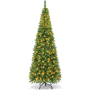 Goplus Prelit Pencil Christmas Tree, Premium Hinged Fir Tree, with LED Lights and Solid Metal Stand, Easy Assemble, Ideal Artificial Xmas Tree for Home and Office, Warm White LED (7.5FT)