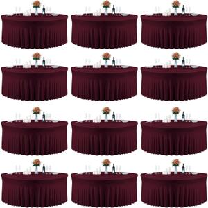 12 Pack 132inch Burgundy Round Tablecloth, Circle Stretch Table Cloths for 6 FT Tables, Wrinkle Free Round Table Skirt for Wedding Birthday Photography Party Social Events Engagement Party Decoration