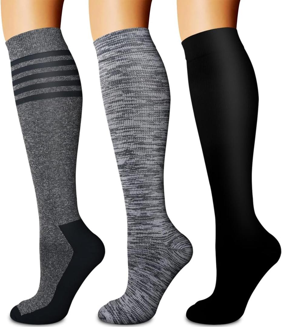 Compression Socks for Women & Men (3 pairs) - Best Support for Nurses, Running, Hiking, Recovery & Flight Socks (Small-Medium, 18 Gray/Gray/Black)