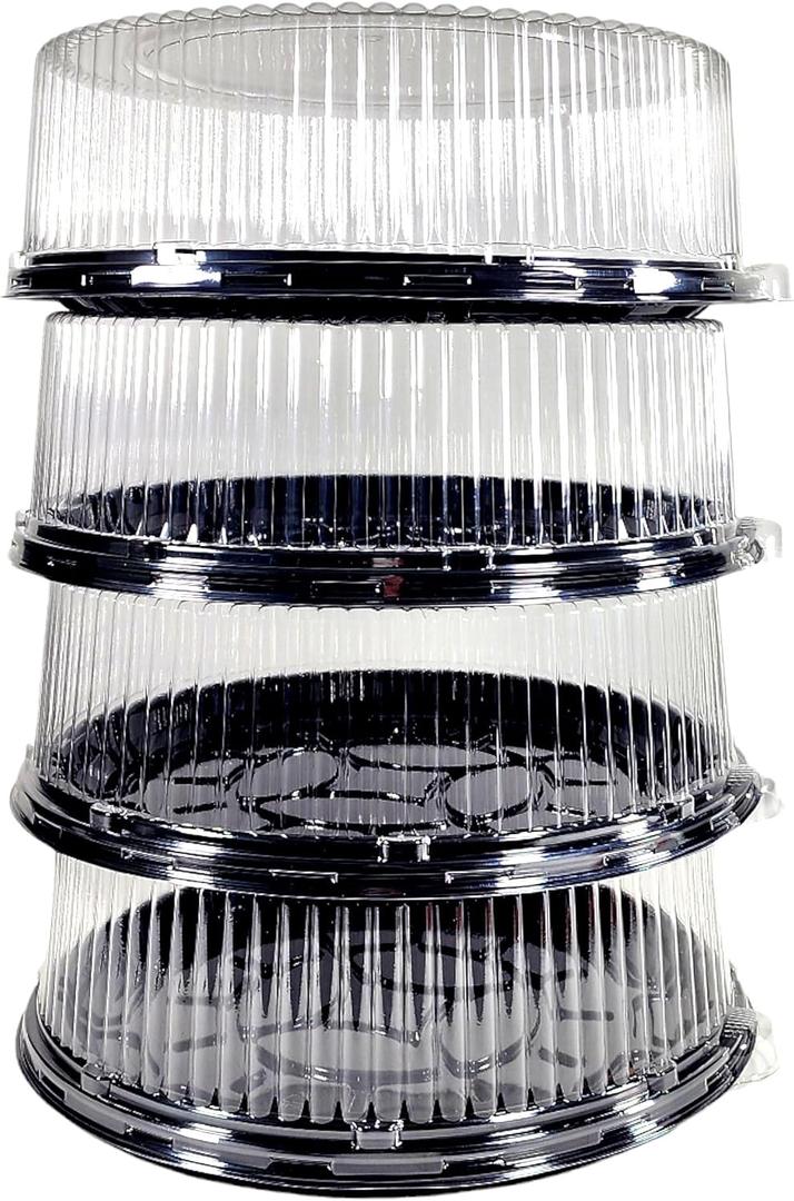 PACTOGO 16" Round Black Plastic Cater Trays with Clear Dome Lids - Disposable Stackable Serving Platters for Parties, Holidays, Events, and Buffet (Pack of 25 Sets)