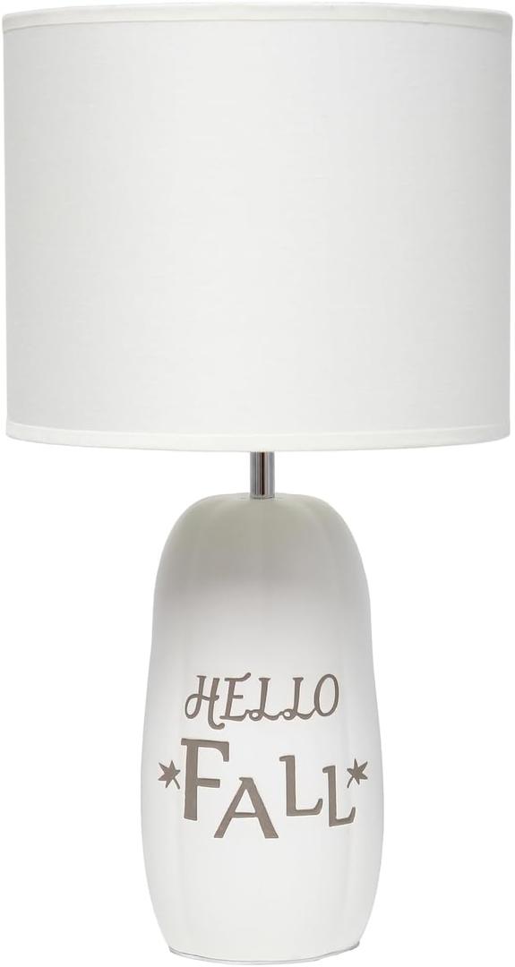 Simple Designs LT2132-WHT 17.88" Cozy Autumn Hello Fall Pumpkin-Shaped Table Lamp with White Drum Shade, White