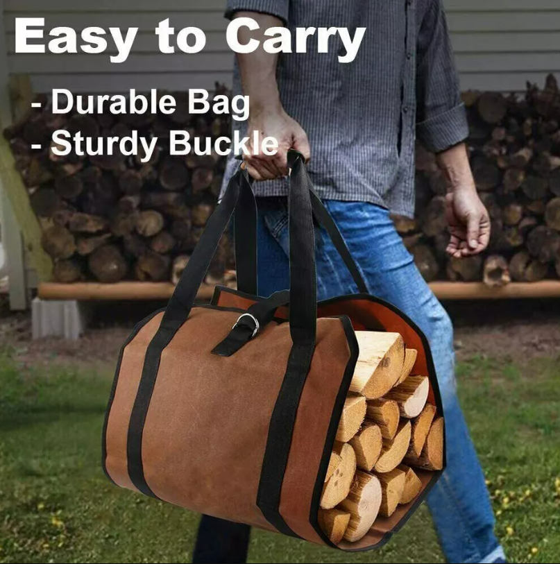 Heavy Duty Firewood Log Carrier Bag - Waxed Canvas Tote for Fireplace Wood (Brown)