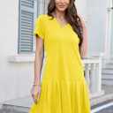 Alaster Queen Womens 2025 Summer T Shirt Pleated Dress Short Sleeve Casual Swing Tunic Dress with Pockets (Yellow, S)