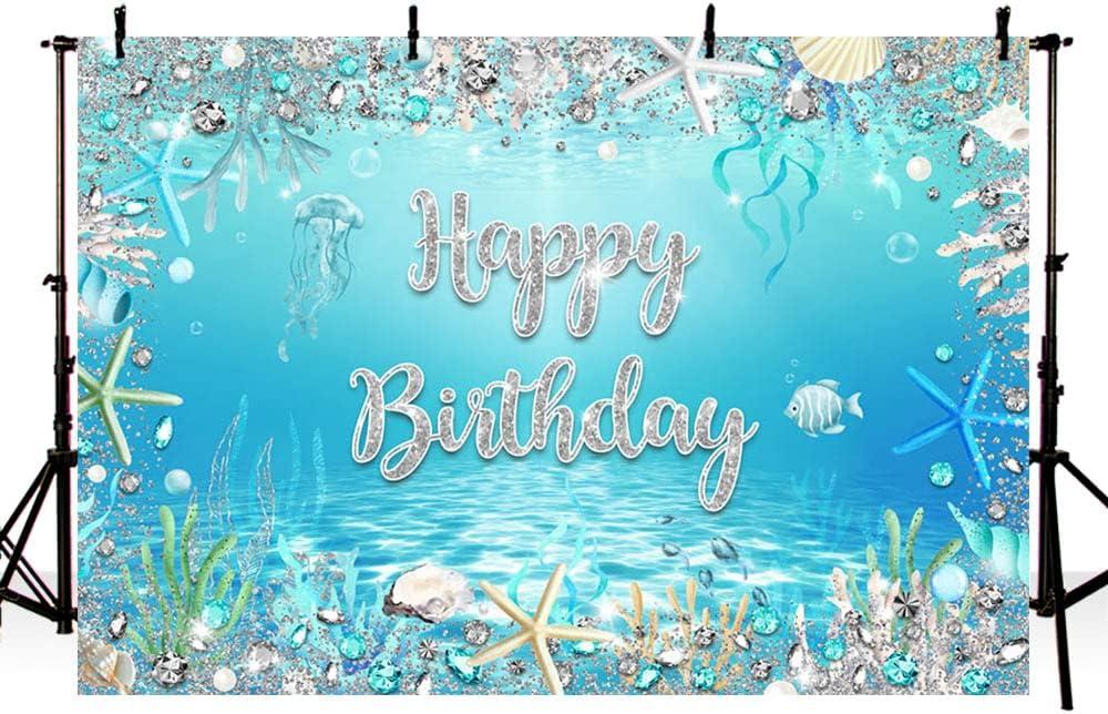 7x5ft Happy Birthday Backdrop for Girls Under The Sea Decorations for Birthday Party Shinning Silver Background Under The Sea Birthday Party Photography Backdrop Banner