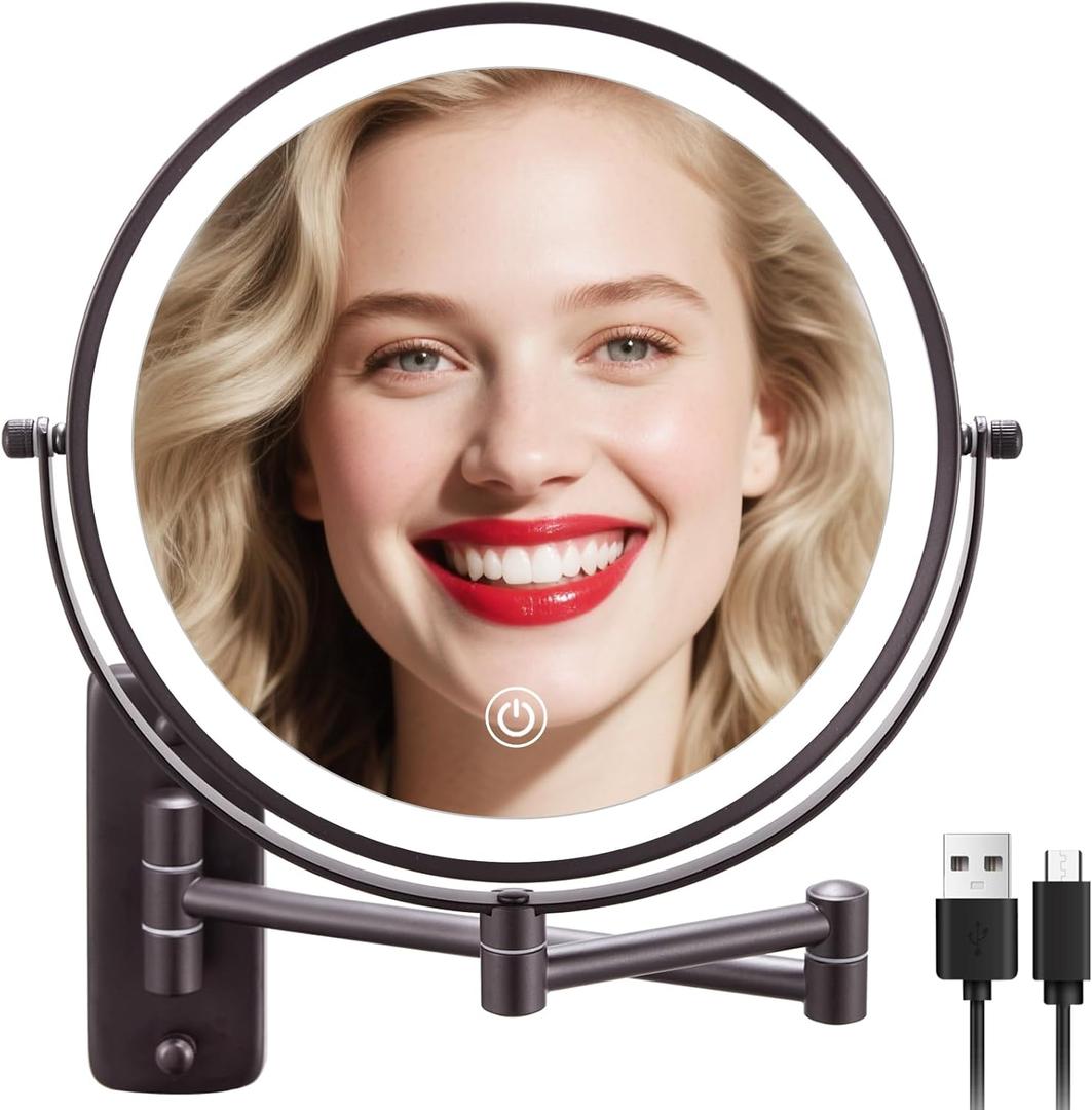 DECLUTTR 9 Inch Wall Mounted Lighted Makeup Mirror, Double-Sided Magnifying Mirror 1x/10x, 3 Colors Lighted Makeup Mirror, Touch Dimmable 360 Rotation Foldable Light Up Mirror, Bronze (Brown-led)