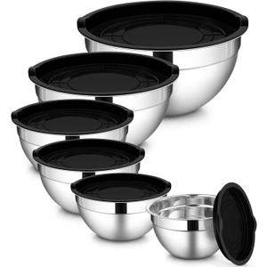 LIANYU 6 PCS Stainless Steel Mixing Bowls with Lids Set, Large Size 7, 3.5, 2.5, 2, 1.5, 1QT, Kitchen Nesting Metal Bowl Sets, Ideal for Baking Cooking Serving Food Storage, Dishwasher Safe, Black