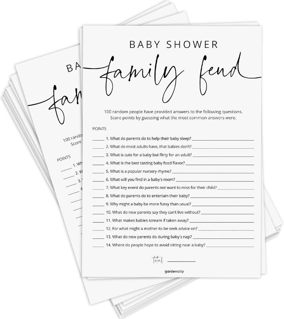 GardenCity Baby Shower Games - 50 Baby Shower Family Feud Game Cards, Boy or Girl, Gender Neutral, Minimalist