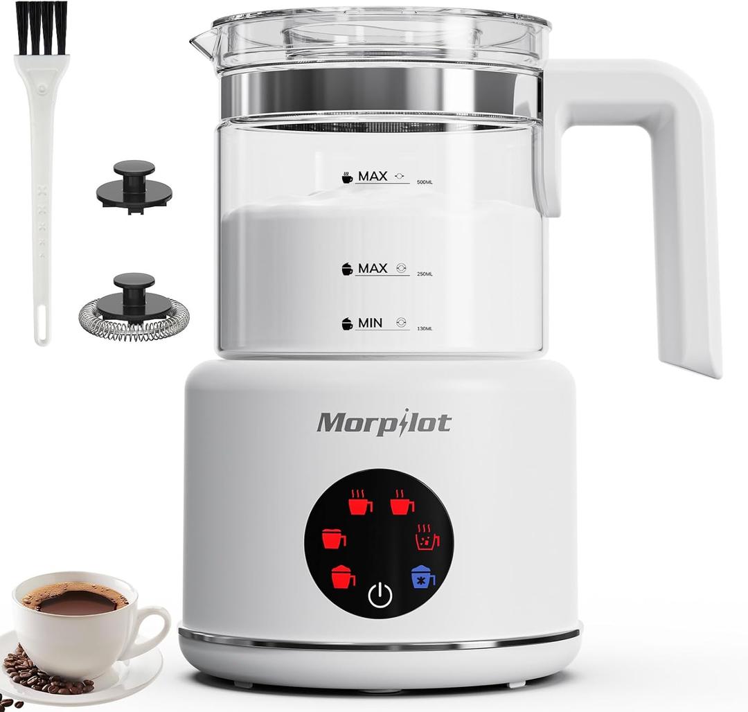 Large Electric Milk Frother and Steamer, 16.9oz/500ml Milk Steamer and Frother for Latte or Hot Chocolate, Dishwasher Safe, BPA Free, 6 Functions, Enjoy Perfect Milk Froth in 2 Min (White-Glass)