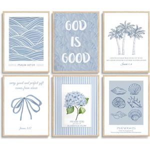 6Pcs Coastal Christian Wall Art Blue Beachy Seashell Bible Verses Wall Decor Pictures Coastal Granddaughter Preppy Aesthetics Posters Prints for Bedroom Dorm Apartment Unframed (16L x 12W)