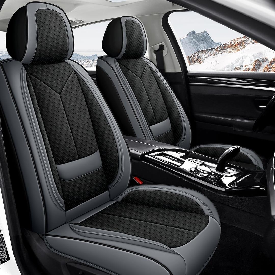Universal Waterproof Nappa leather Car Seat Covers - Full Set Protects & Keeps Front Rear Seats Clean -Comfortable & Fashionable Bucket Seat Protector Fits Most Cars, SUVs, Sedans -Black&Ash