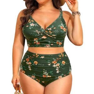 Daci Plus Size Two Piece Swimsuits - Women High Waisted Bikini Tummy Control Bathing Suits Knot Twist Swimwear 2025 Green Floral, 14W