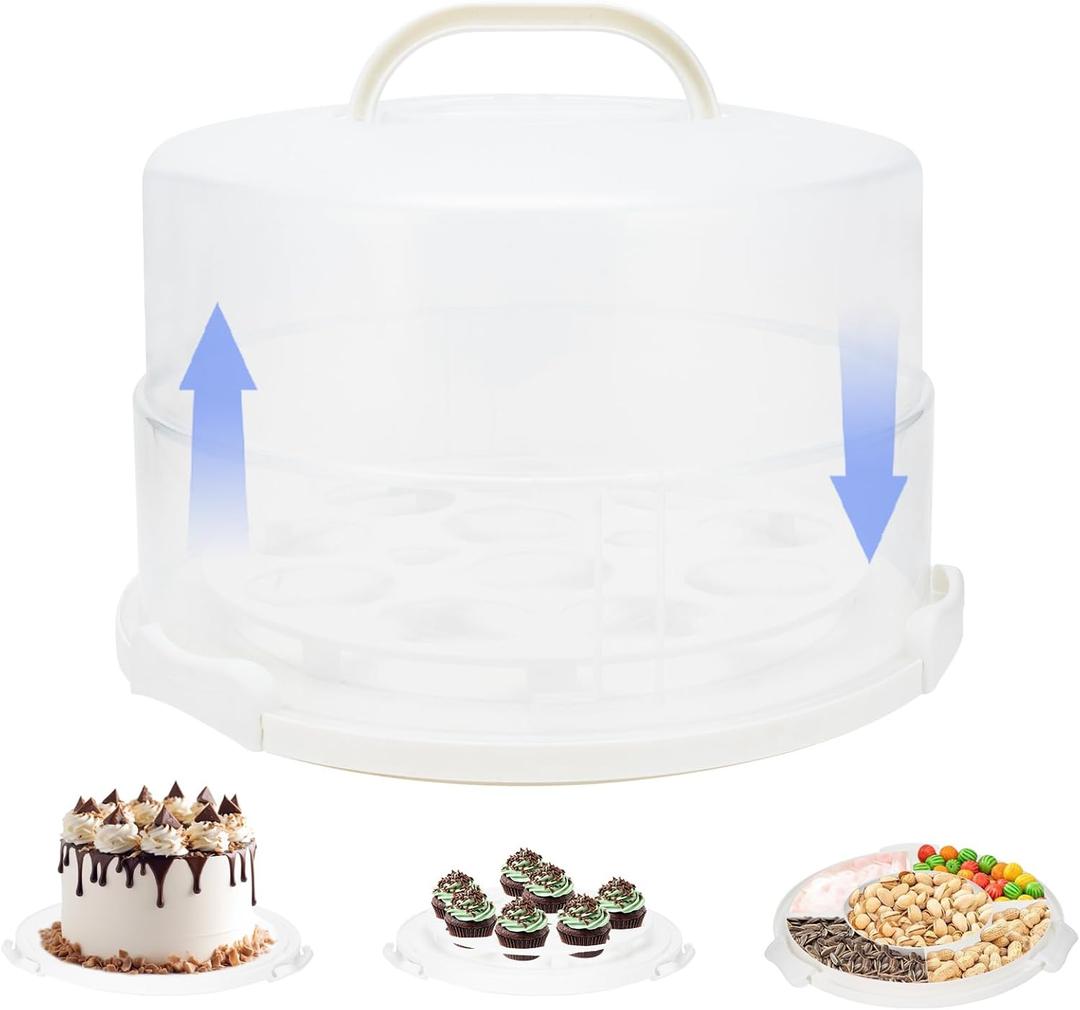 12 Inch Cake Carrier with Lid and Handle  Heavy-Duty Cake Container for Baking Events & Outdoor Trips | Adjustable Height,Portable Food Cake Carrier Storage Solution for Picnics & Camping (White)