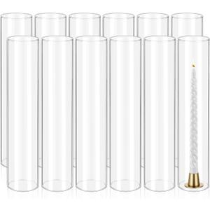 12 Pcs Hurricane Candle Holder Sleeve, H:14" D:3" Bottomless Glass Cylinder Candleholder Tall Clear Glass Cylinder Open Both Ends, Chimney Tube Cover, Open Ended Candle Shade