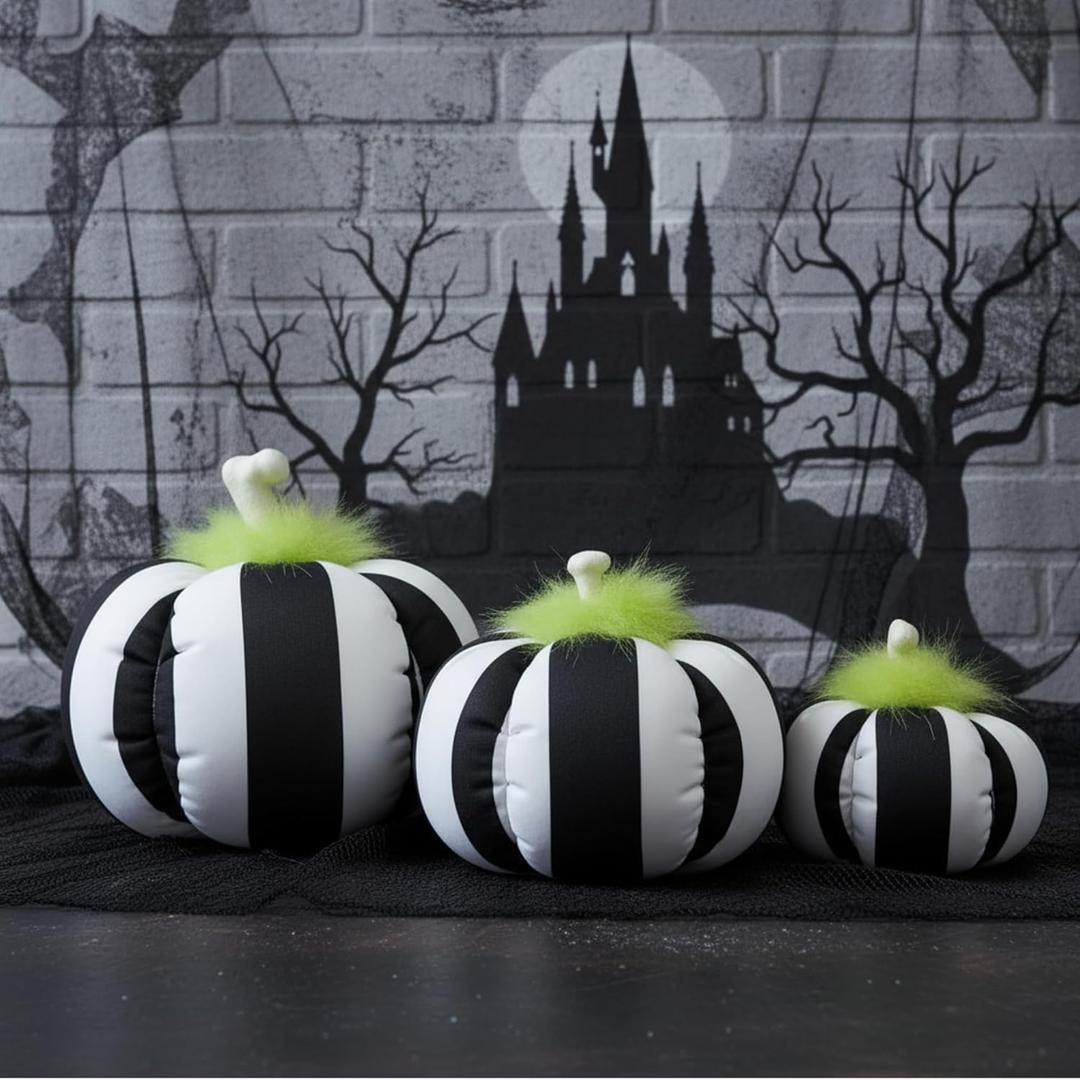 3 Pcs Sandworm Halloween Decorations Black and White Striped Spooky Pumpkin Halloween Table Centerpieces Sandworm Ornaments Pumpkin Horror Photo Prop for Mantel Porches Tabletop Indoor Display