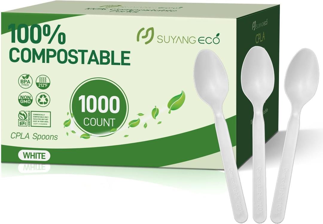 [1000 Count] Compostable Spoons Disposable Spoon Bulk Biodegradable Silverware Bulk Compostable No Plastic Utensils Heavy Duty Disposable Silverware Heat Resistant Cutlery for Party Daily Serving